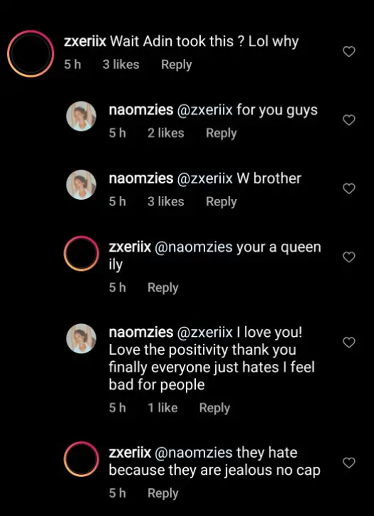 Adin Ross's elder sister Naomi Ross interacts with a fan on comment section.