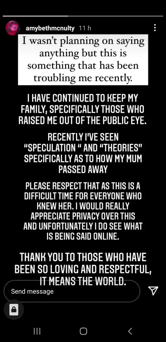 Amybeth McNulty address her mother's death and asks for the speculations to stop.