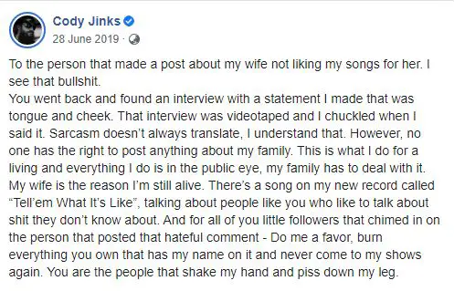 Cody Jinks' Facebook post where he explained he was sarcastic when he spoke to Rolling Stone.
