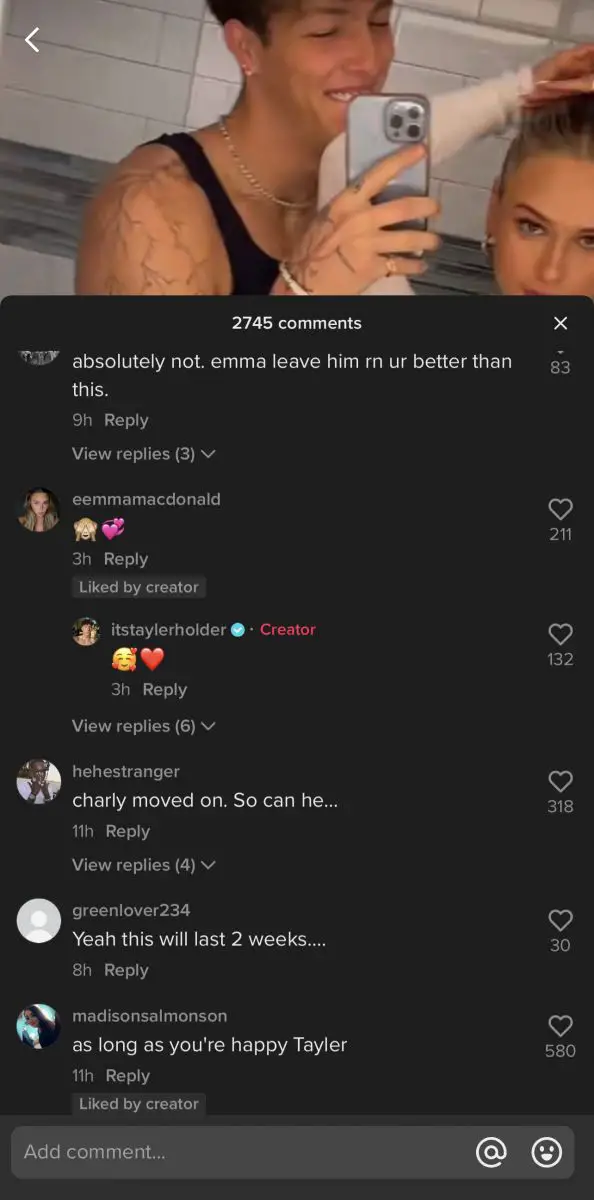 Comments on Tayler Holder's TikTok where the dating rumors started