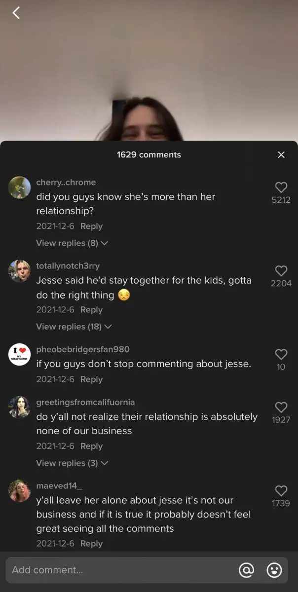 Comments under Devon Lee Carlson's TikTok asking about the couple's split.