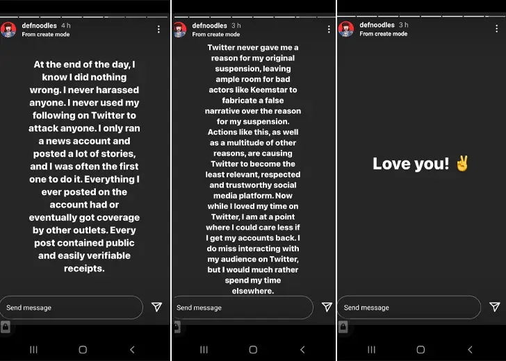 Dennis Feitosa talking about his Twitter ban on his Instagram stories.