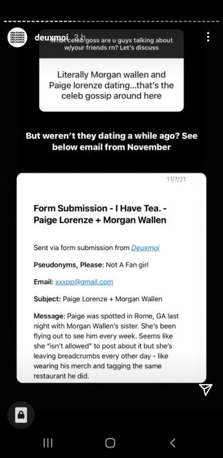 Deuxmoi's Instagram story claims Morgan Wallen is dating Paige Lorenze.