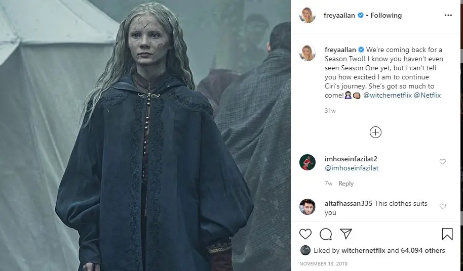 Freya Allan shares a snap of her character Princess Cirilla to announce that she will return to the character in season two of The Witcher