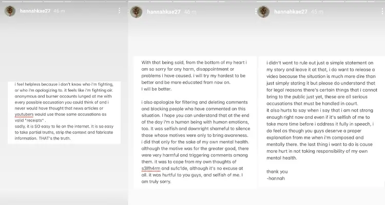 Hannah Kae's apology and a statement against her boyfriend's sexual assault allegations