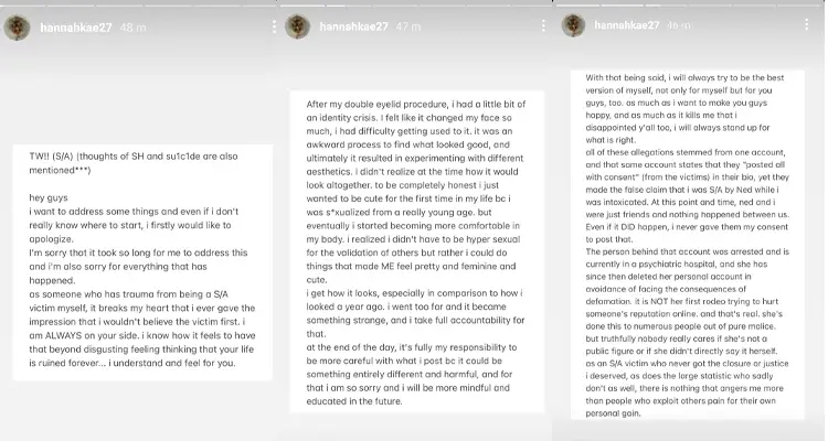 Hannah Kae's apology and a statement against plastic surgery and sexual assault allegations