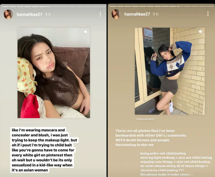 Hannah Kae's IG stories pointing out that minimal makeup is not infantilization