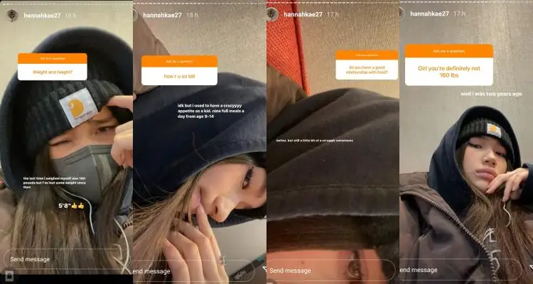 Hannah Kae's stories from January 31, 2022, talking about being, weight, and food.