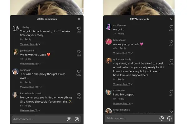 Comments on Jack Wright's TikTok where he exposes Sienna Mae Gomez.