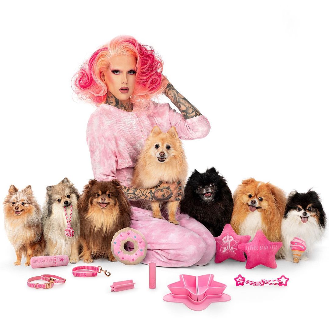 Jeffree Star with his dogs for the promotional shoot of his pet brand