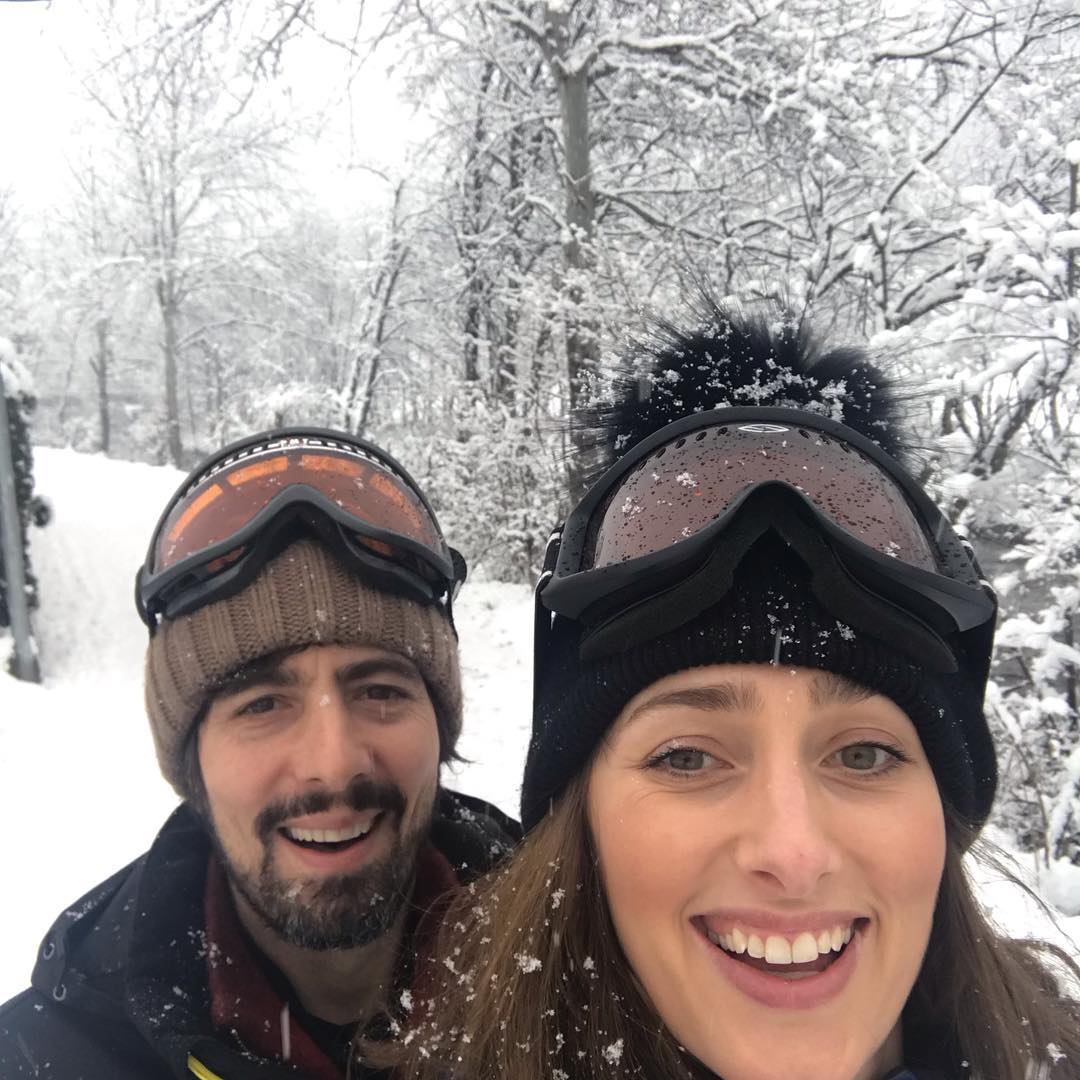 Jessica Knappett with her husband Dan Crane frolicking in the snow