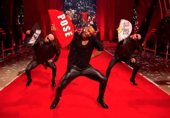 Johannes Radebe wearingÂ black leather high-heeled boots for Strictly Come Dancing red carpet 