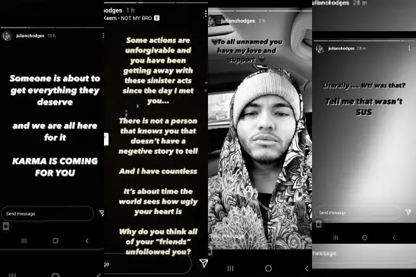 Juliano Hodges' Instagram story on the unfollow spree against Tayler Holder. 