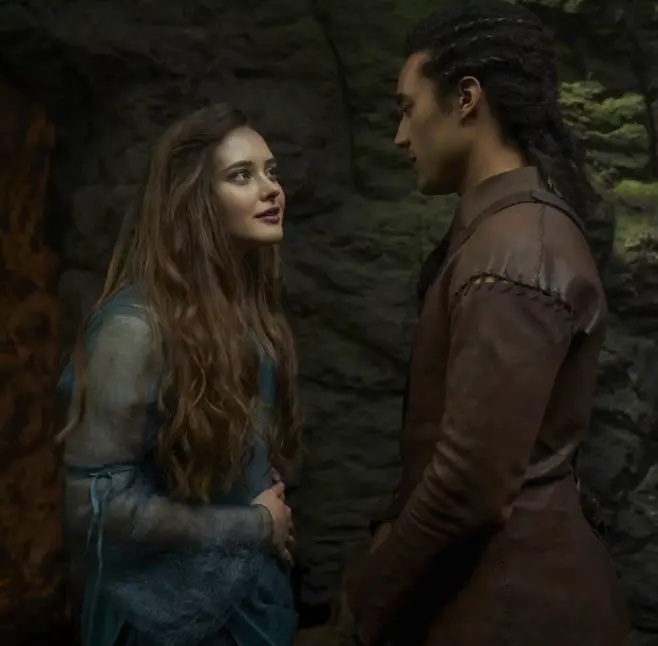 Katherine Langford and Devon Terrell as Nimue and King Arthur, respectively, in Netflix series Cursed 