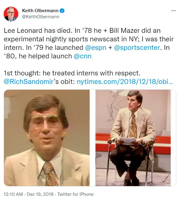 Sports commentator Keith Olbermann paid tribute to Kelly Bishop's husband and TV host Lee Leonard.