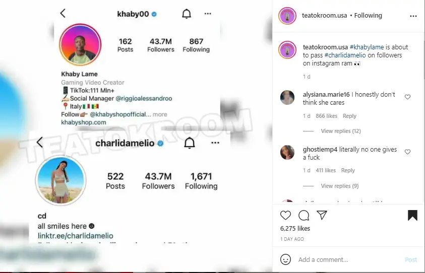 Khaby Lame and Charli D'Amelio follower comparison.