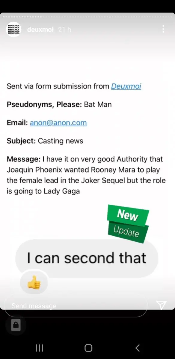The story shared by Deuxmoi reports Lady Gaga is cast in Joker 2.