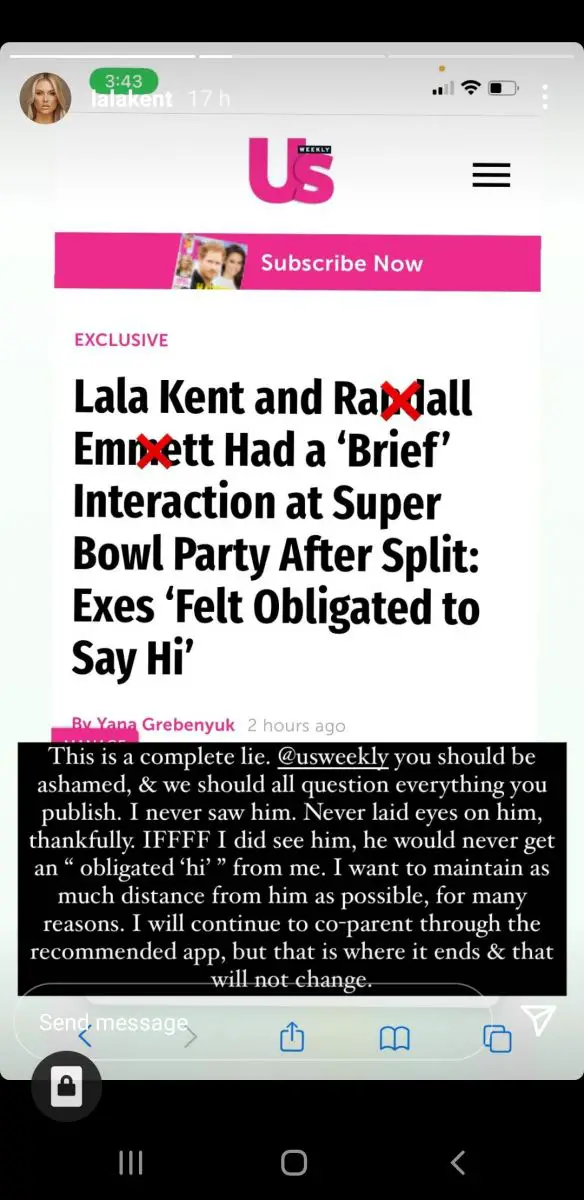 Lala Kent slammed Us Weekly via her Instagram story.