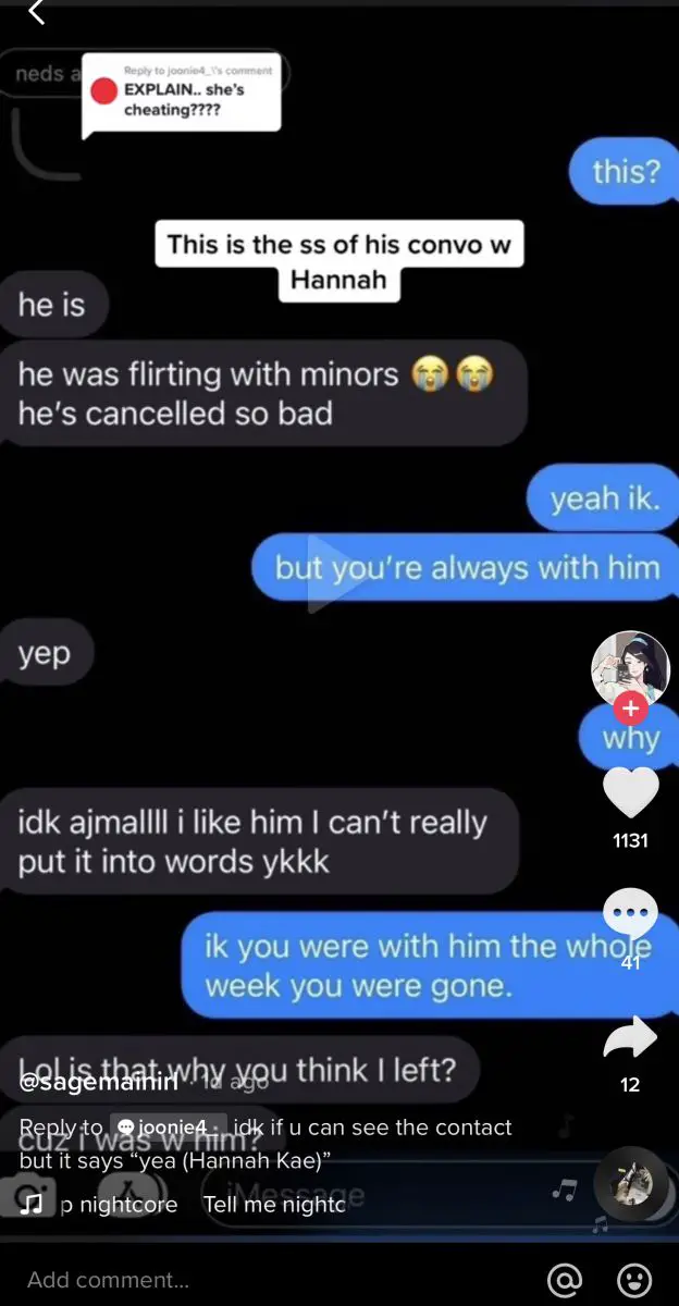 Leaked texts where Hannah Kae is talking about Ned Jeong with a boy