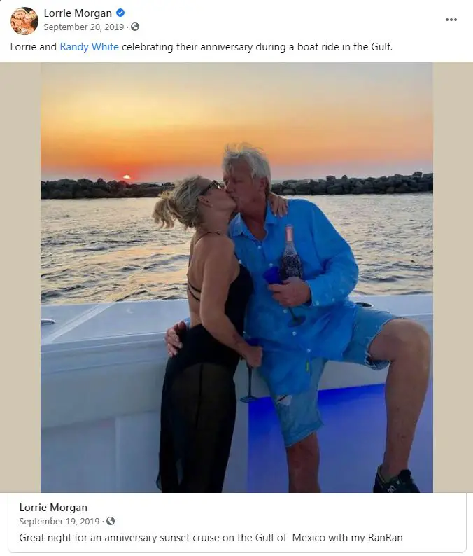 Lorrie Morgan and her spouse Randy White celebrating their anniversary on a sunset cruise in the Gulf Of Mexico.