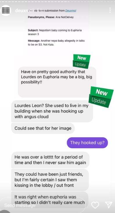 Deuxmoi reports Lourdes Leon will appear in Euphoria season 3.