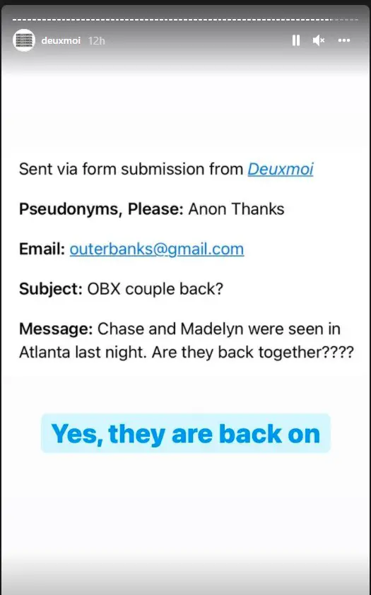 Deuxmoi claims Madelyn Cline and Chase Stokes are back together.