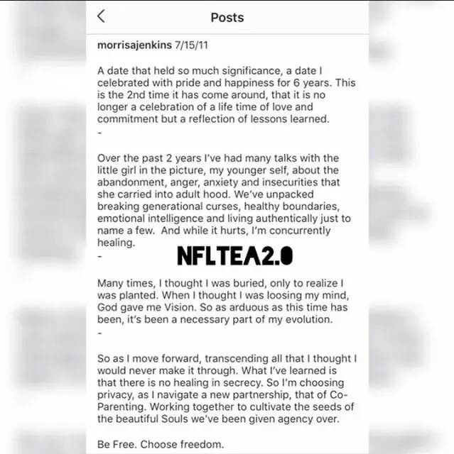 Malcolm Jenkins' Ex wife Morrisa Jenkins' post about divorce from 2019.