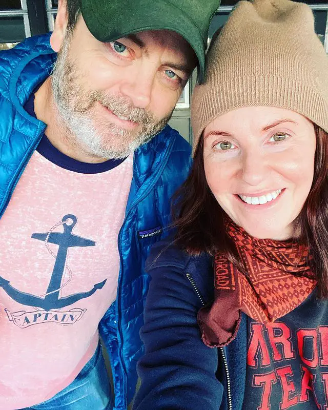 Megan Mullally and her husband Nick Offerman strike a pose for a selfie.