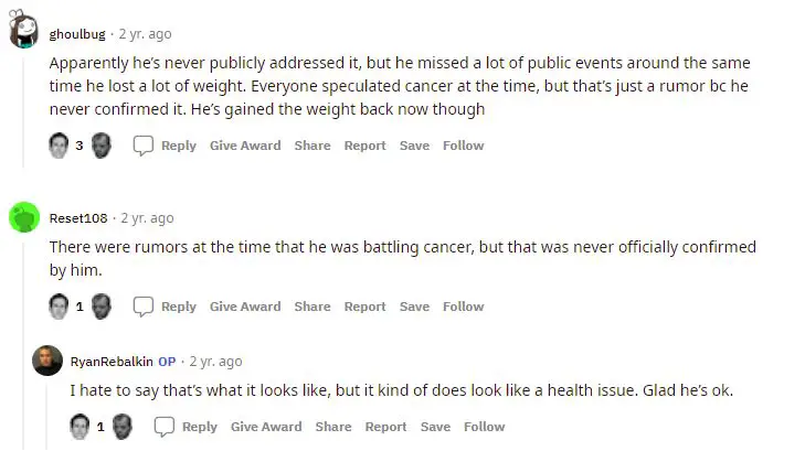 Discussion about Paul Lieberstein's weight change and cancer rumors.