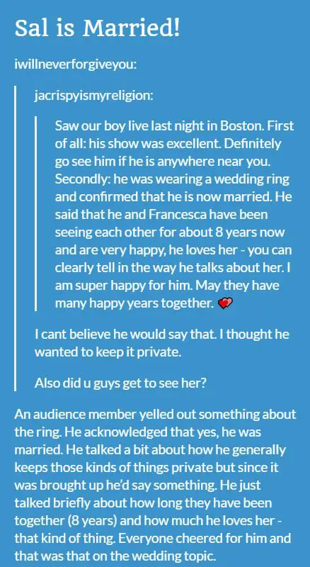 A Tumblr user claimed Sal Vulcano was married 