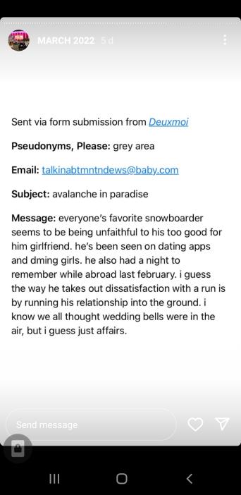 Anonymous submission on Deux Moi regarding Shaun White and Nina Dobrev's cheating allegations concerning Taylor Graboyes.