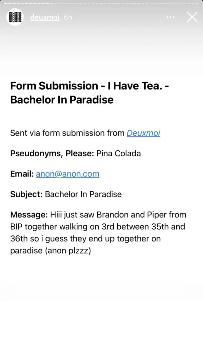 Instagram Story of email to Deux Moi about Bachelor In Paradise Leaks