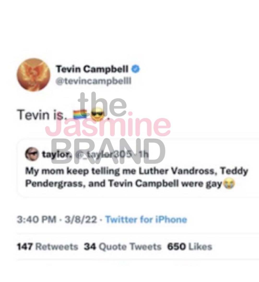 A screenshot image of Tevin Campbell's deleted tweet related to him admitting to being gay.