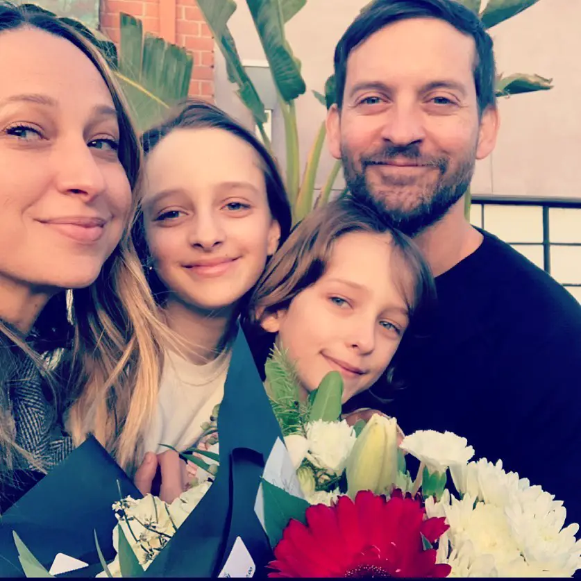 Tobey Maguire with his ex wife Jennifer Meyer, and kids — daughter Ruby Sweetheart and son Otis Tobias in 2021.
