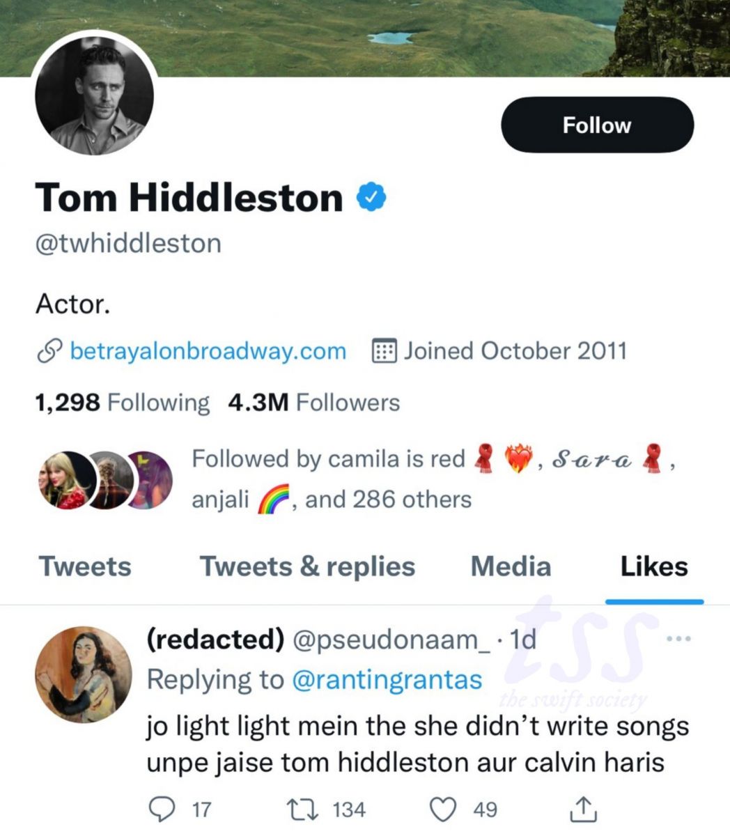 Tom Hiddleston liked a tweet about Taylor Swift and Calvin Harris.