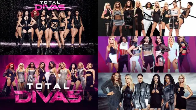 A collection of 'Total Divas' posters over the years.