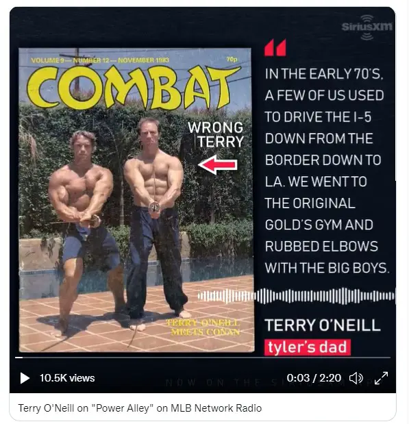 Tyler O'Neill's dad Terry O'Neill says the man posing with Arnold Schwarzenegger in the picture is not him.
