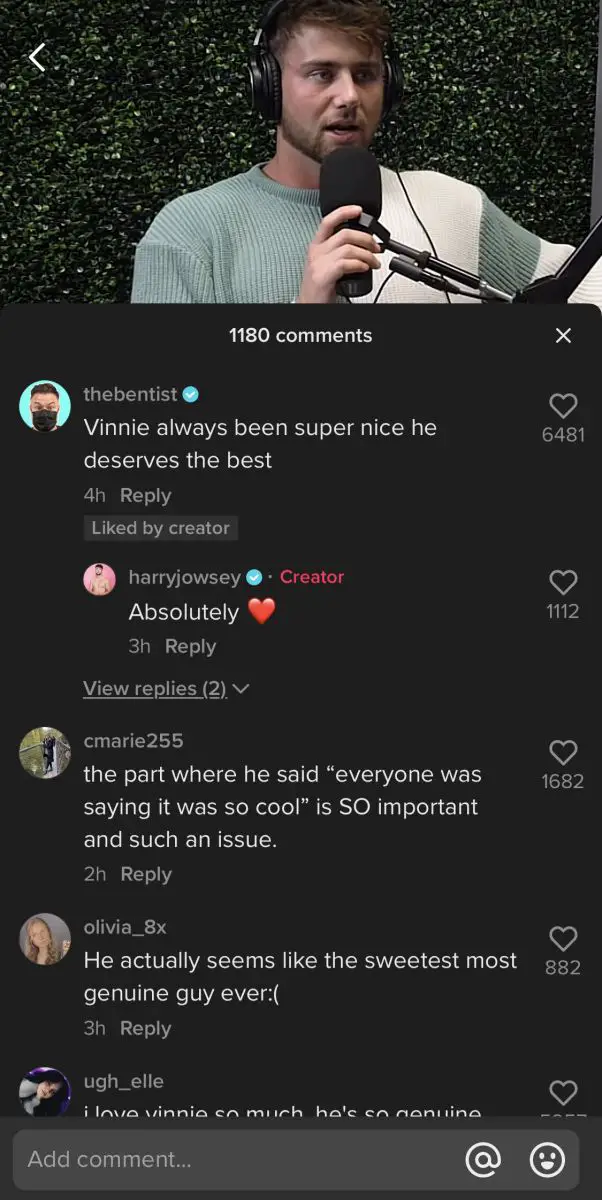 Comments of people on Harry Jowsey's TikTok where he shared the snippet of his podcast.