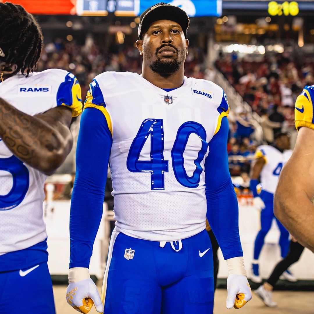 Von Miller posing for a picture in his Los Angeles Ram uniform. 