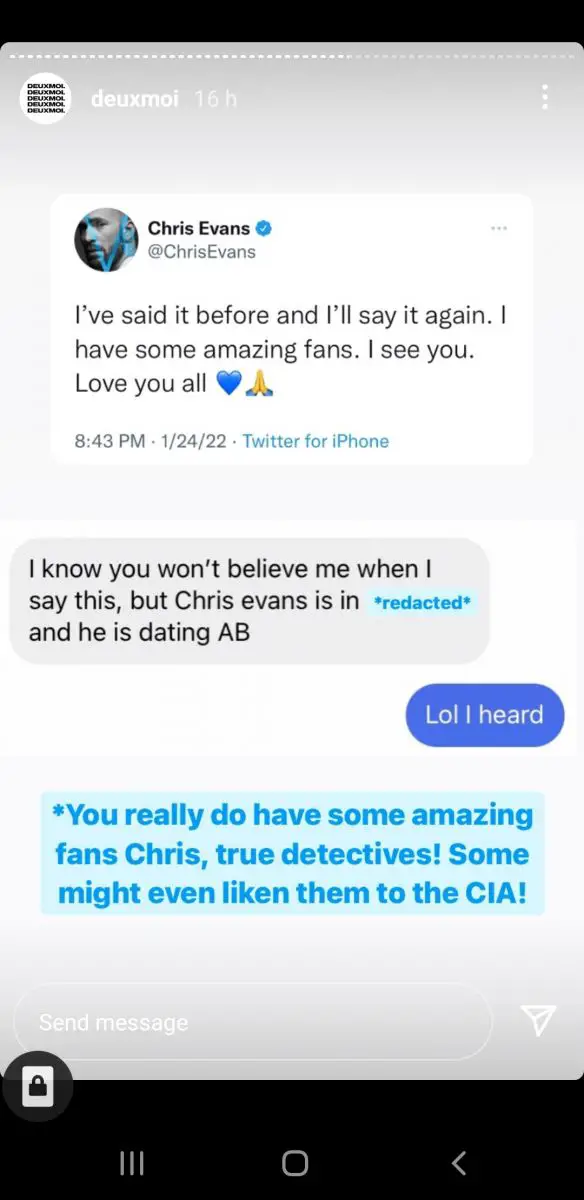 Deuxmoi acknowledging Chris Evans & Alba Baptista dating rumors