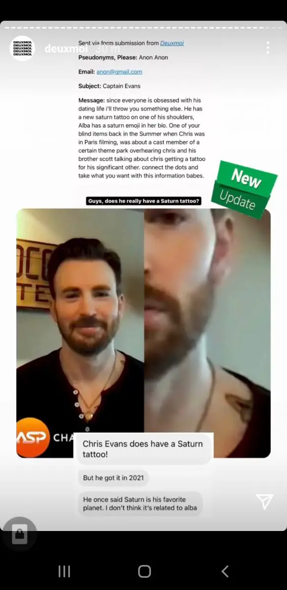 An anonymous source talked aboutÂ Chris Evans'Â SaturnÂ tattoo