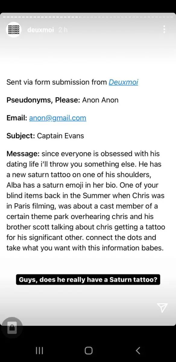 An anonymous source tipped that Chris Evans got Saturn tattoo for Alba Baptista