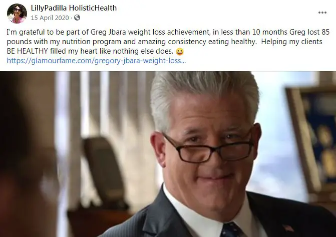 Gregory Jbara's nutritionist, Lilly Padilla, congratulates him for losing 85 pounds within ten months