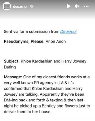 Deuxmoi's IG story on Harry Jowsey and Khloe Kardashian dating.