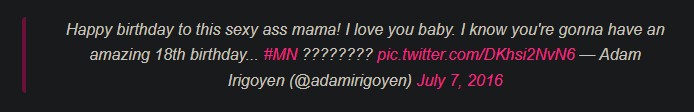 Adam Irigoyen's tweet about his ex girlfriend's birthday in 2016.