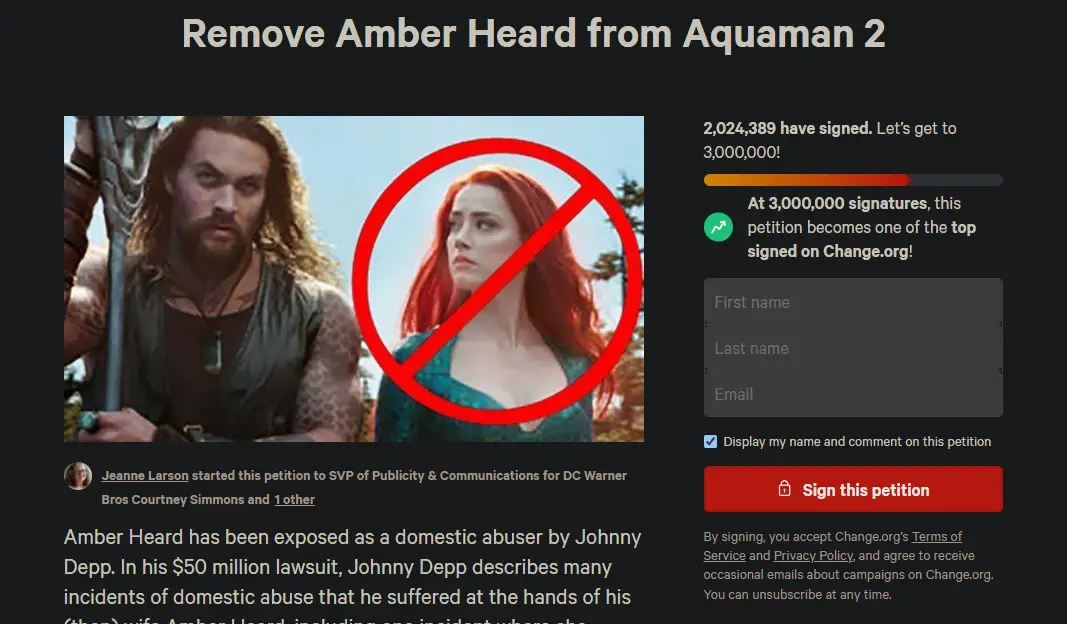 The Change.org petition to remove Amber Heard from Aquaman 2 after Johnny Depp's testimonials.