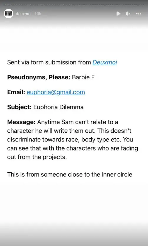 A DeuxMoi blind item about why Barbie Ferreira left Euphoria before season three.