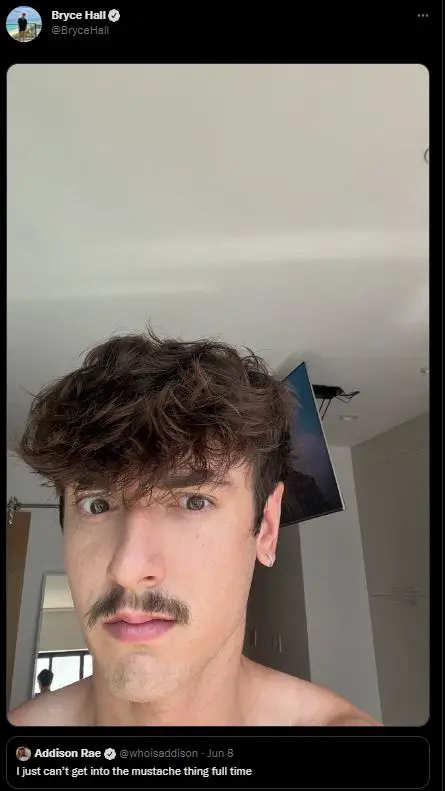 Bryce Hall replying to Addison Rae's mustache tweet