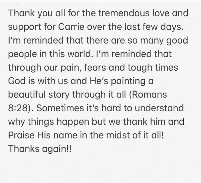 Carrie Underwood' husband Miker Fisher thanks everyone for the support after the singer's accident