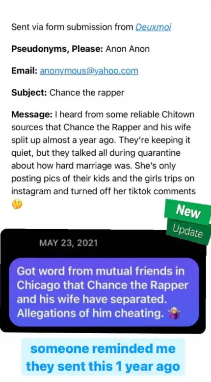 Chance the Rapper and his wife have been divorced for almost a year.